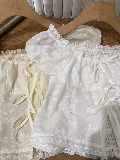 Cotton Square Bow Embroidered Puff Sleeves Blouse